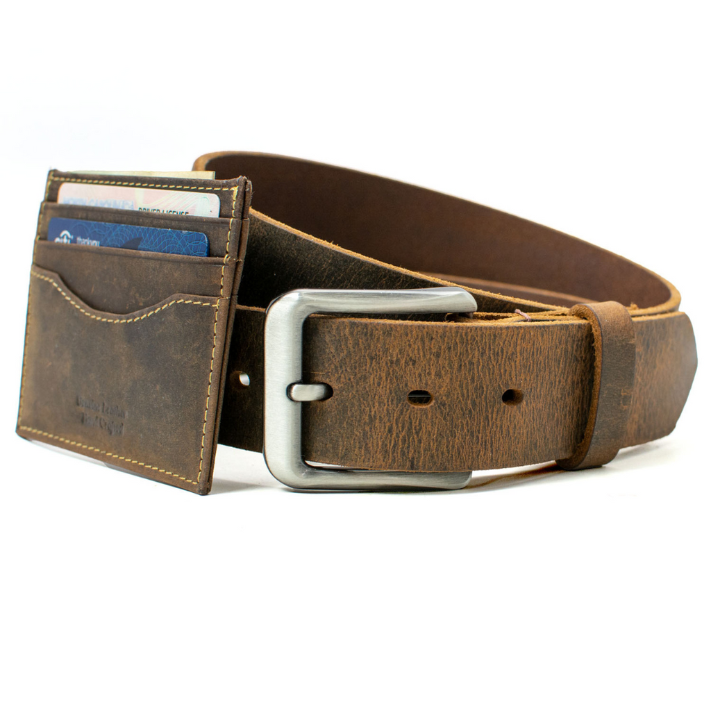 Roan Mountain Distressed Leather Belt and Wallet Set. Cardholder wallet option with brown belt.