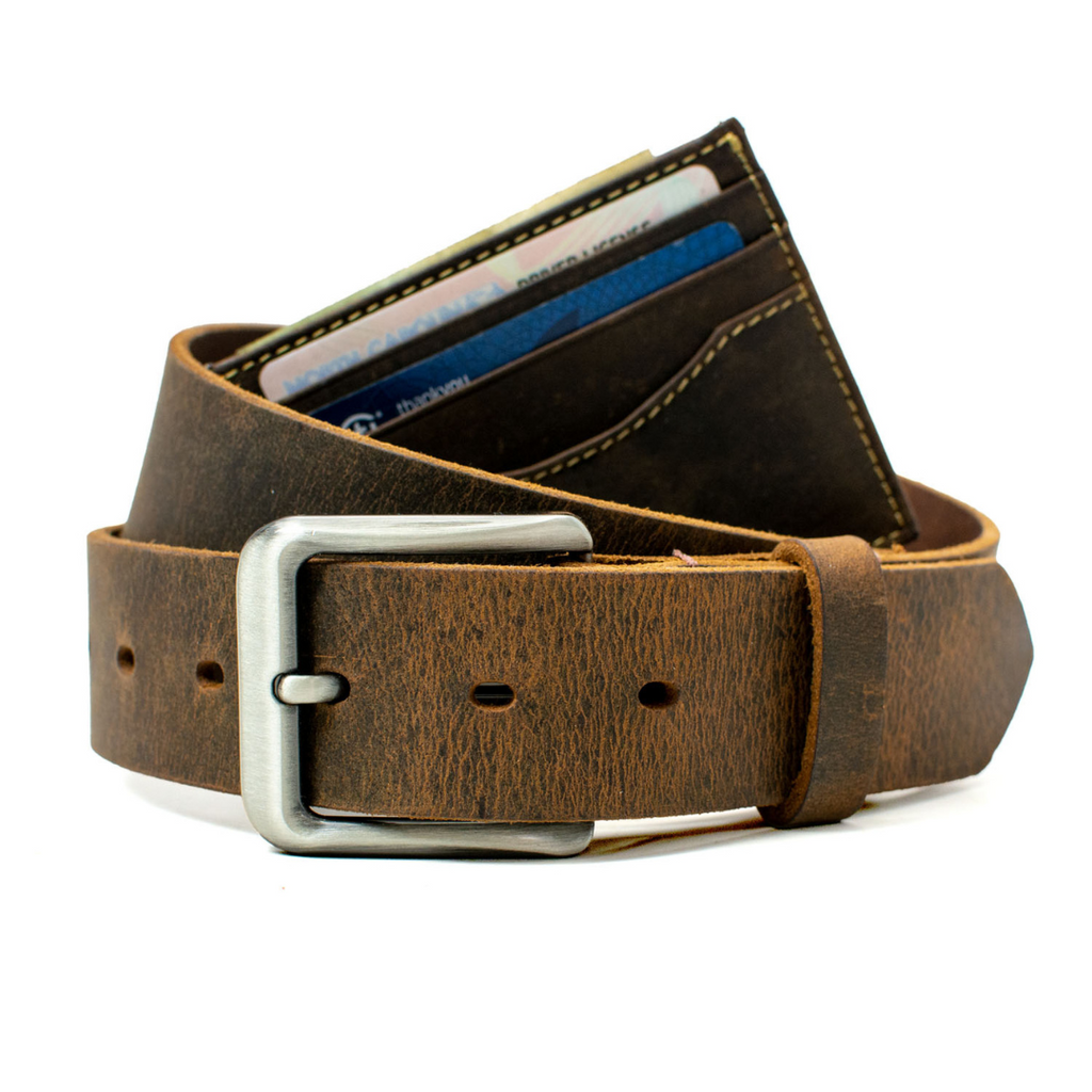 Roan Mountain Distressed Leather Belt and Wallet Set. Reed cardholder wrapped in Roan Mountain Belt.