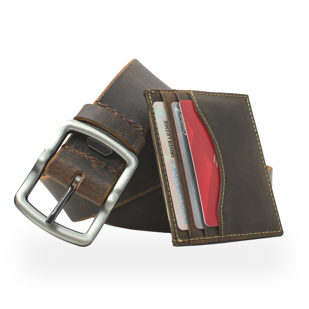 Image of Rocky River Brown distressed leather belt with matching distressed card holder wallet