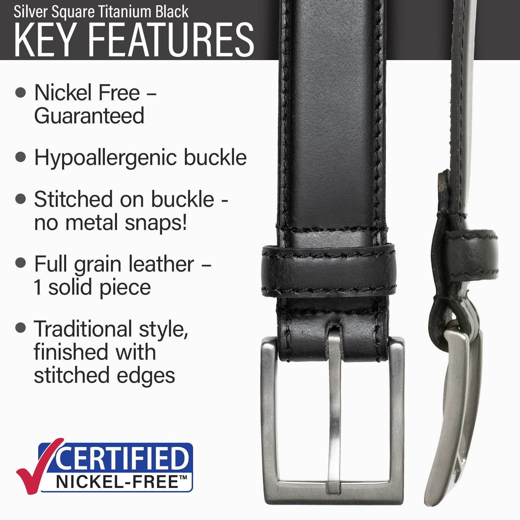 Silver Square Titanium Black Belt by Nickel Smart Silver Square Titanium Black Belt by Nickel Smart