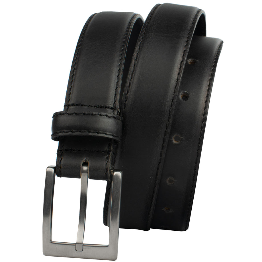 Silver Square Titanium Black Leather Belt | Dress Belt with Titanium Silver Square Titanium Black Leather Belt | Dress Belt with Titanium