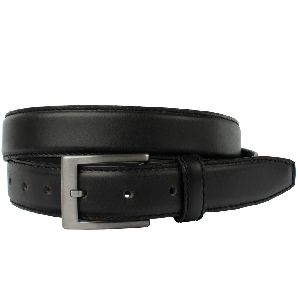 Front image of Silver Square Titanium Black Belt by Nickel Smart. Titanium Buckle is 100% nickel free and hypoallergenic.  Black full grain leather with black stitching on the edge.