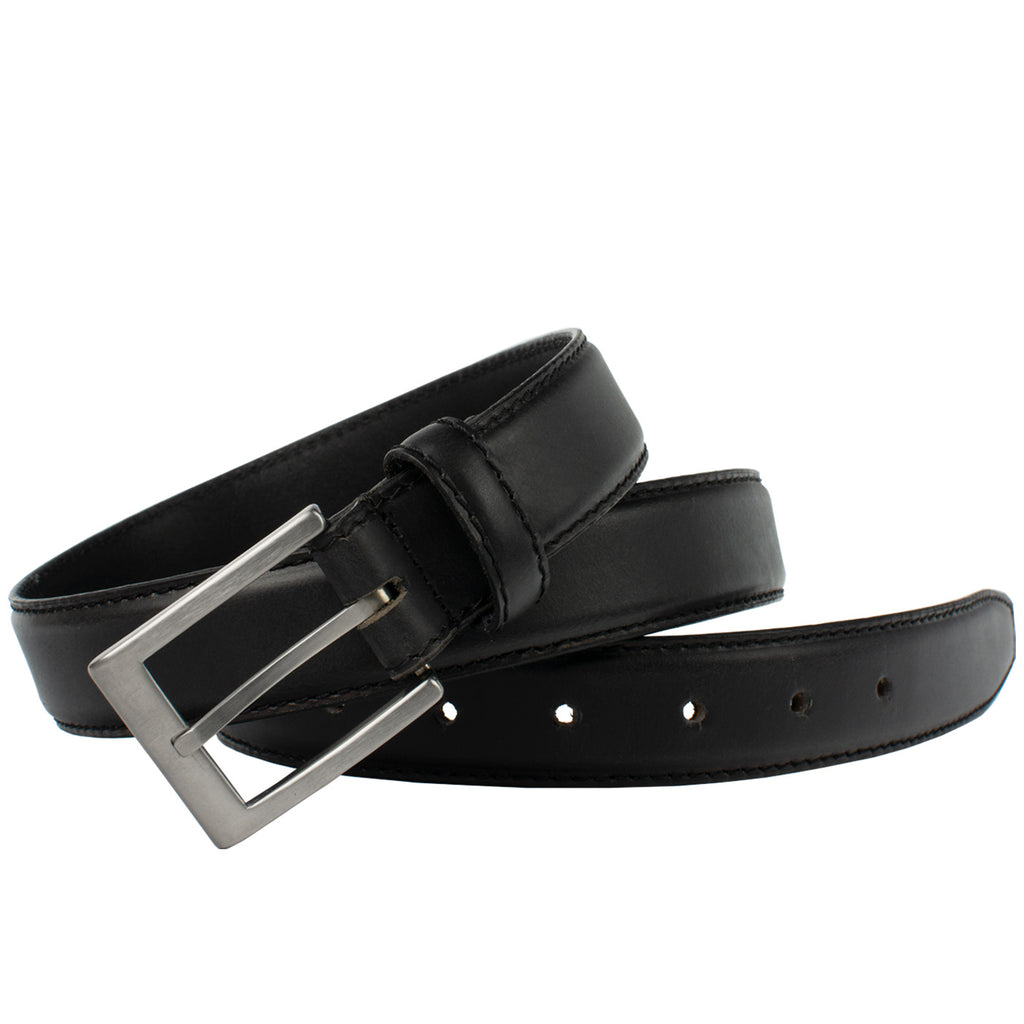 Black Leather Belt with Silver Rectangular titanium Buckle. Black Stitching on edge of strap.
