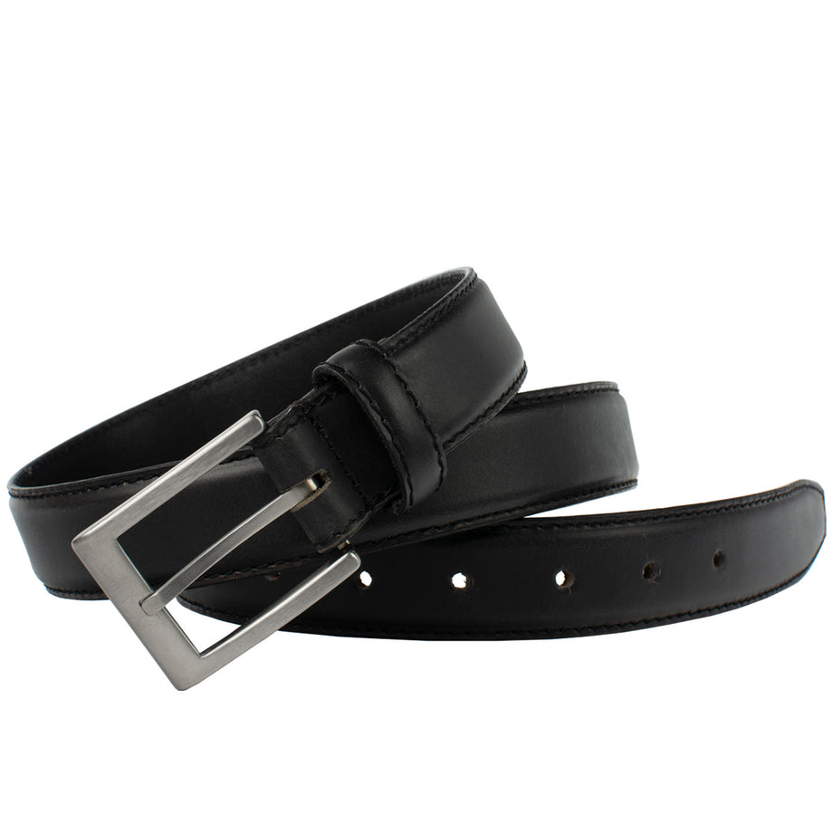 Silver Square Titanium Black Leather Belt | Dress Belt with Titanium Silver Square Titanium Black Leather Belt | Dress Belt with Titanium