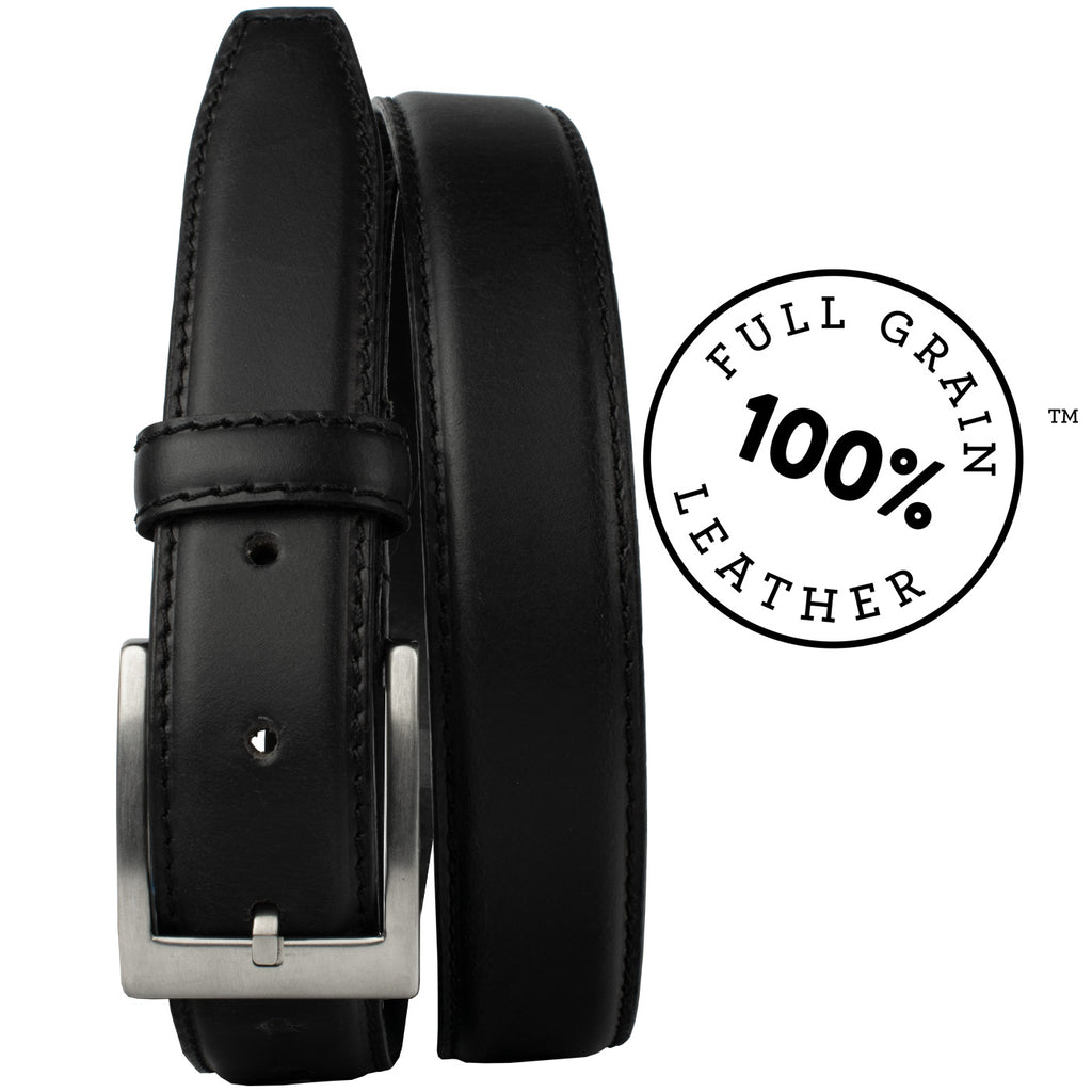 Image of Silver Square Titanium Black Belt with Titanium Buckle.  Text reads 100% Full Grain Leather.  Belt is nickel Free and with hypoallergenic buckle.  