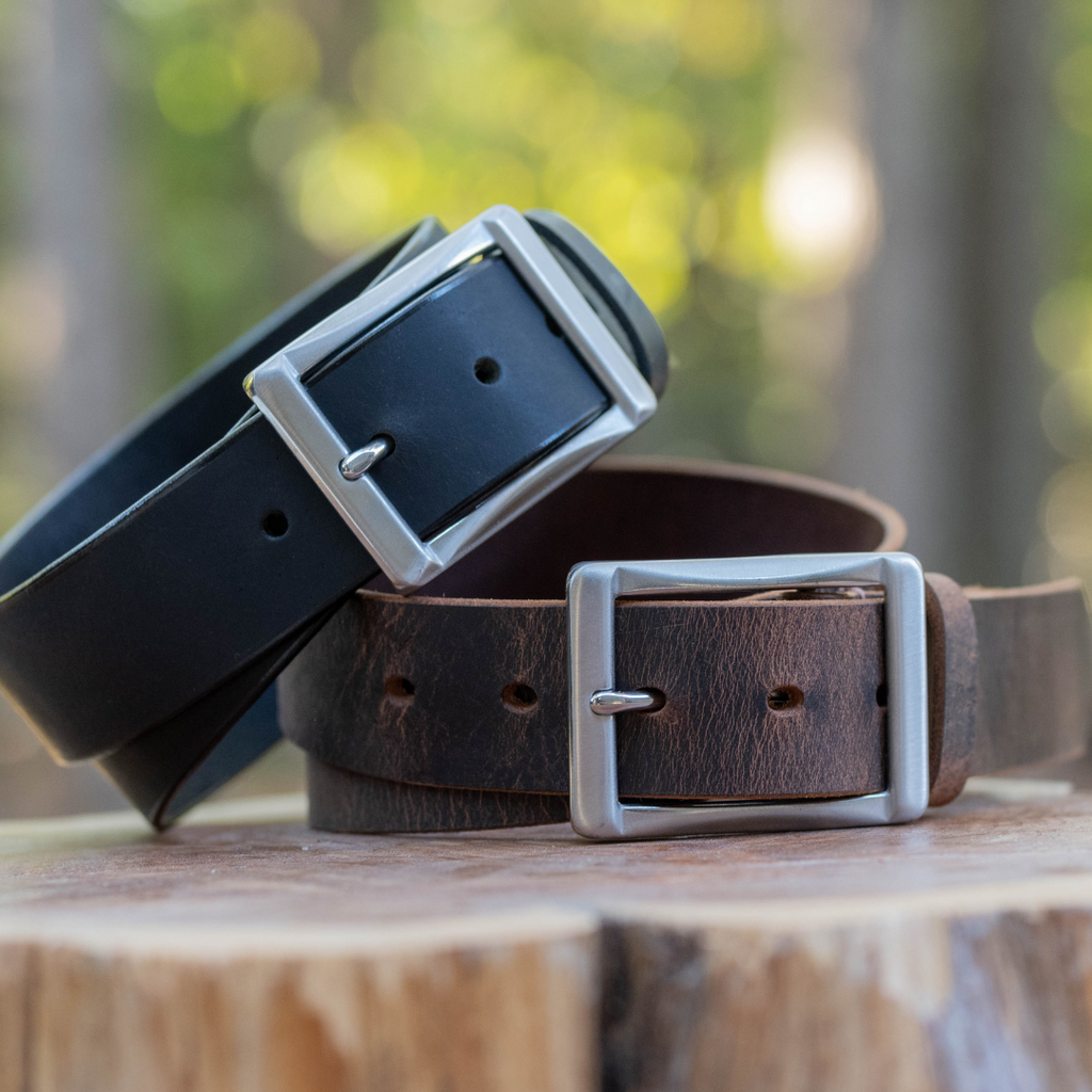 Image of Site Manager Leather Belt Set. Black and Distressed Brown Leather 1.5 inch strap. USA