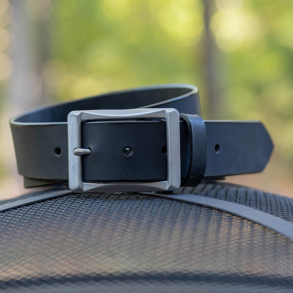 Image of Black Leather work belt. 1.5 inch wide with stainless steel center bar buckle. USA made