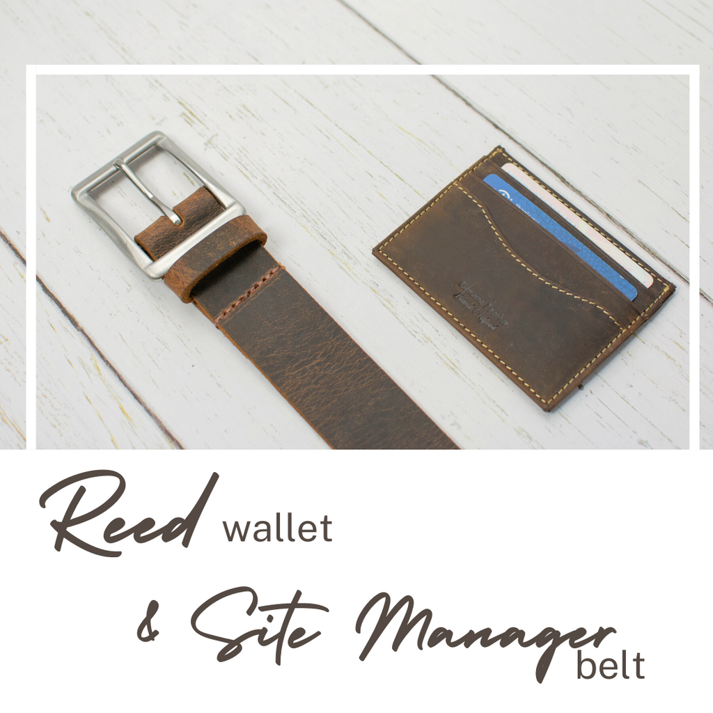 Reed Wallet and Site Manager Belt. Matching brown distressed leather gift set.
