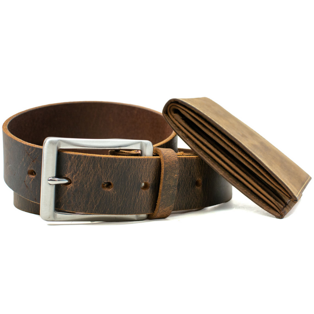The Site Manager Distressed Leather Work Brown Belt & Wallet Set by Nickel Smart. Randolph option.