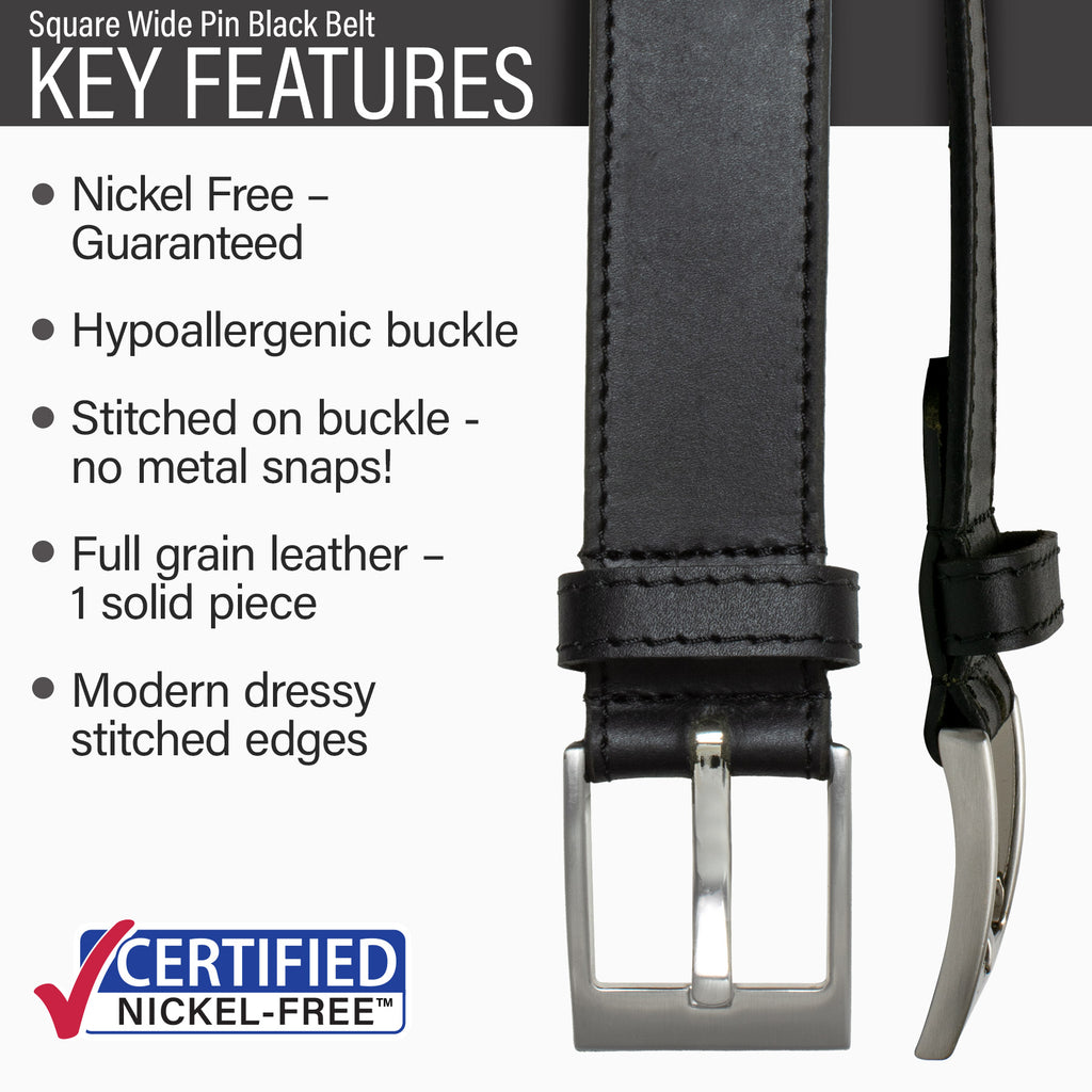 Hypoallergenic buckle, stitched on nickel-free buckle, full grain leather, modern dressy style.