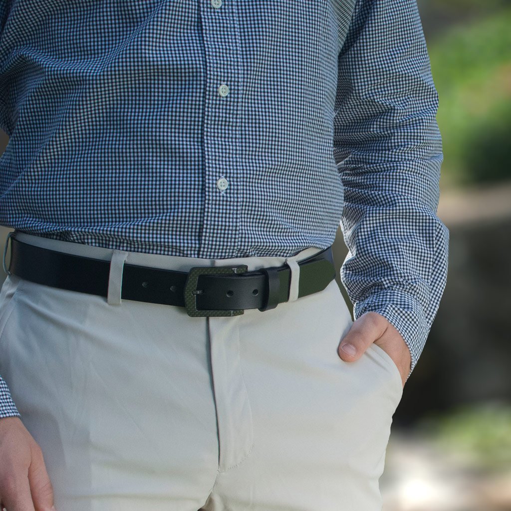 The Stealth Black Belt by Nickel Smart® on a model with khakis