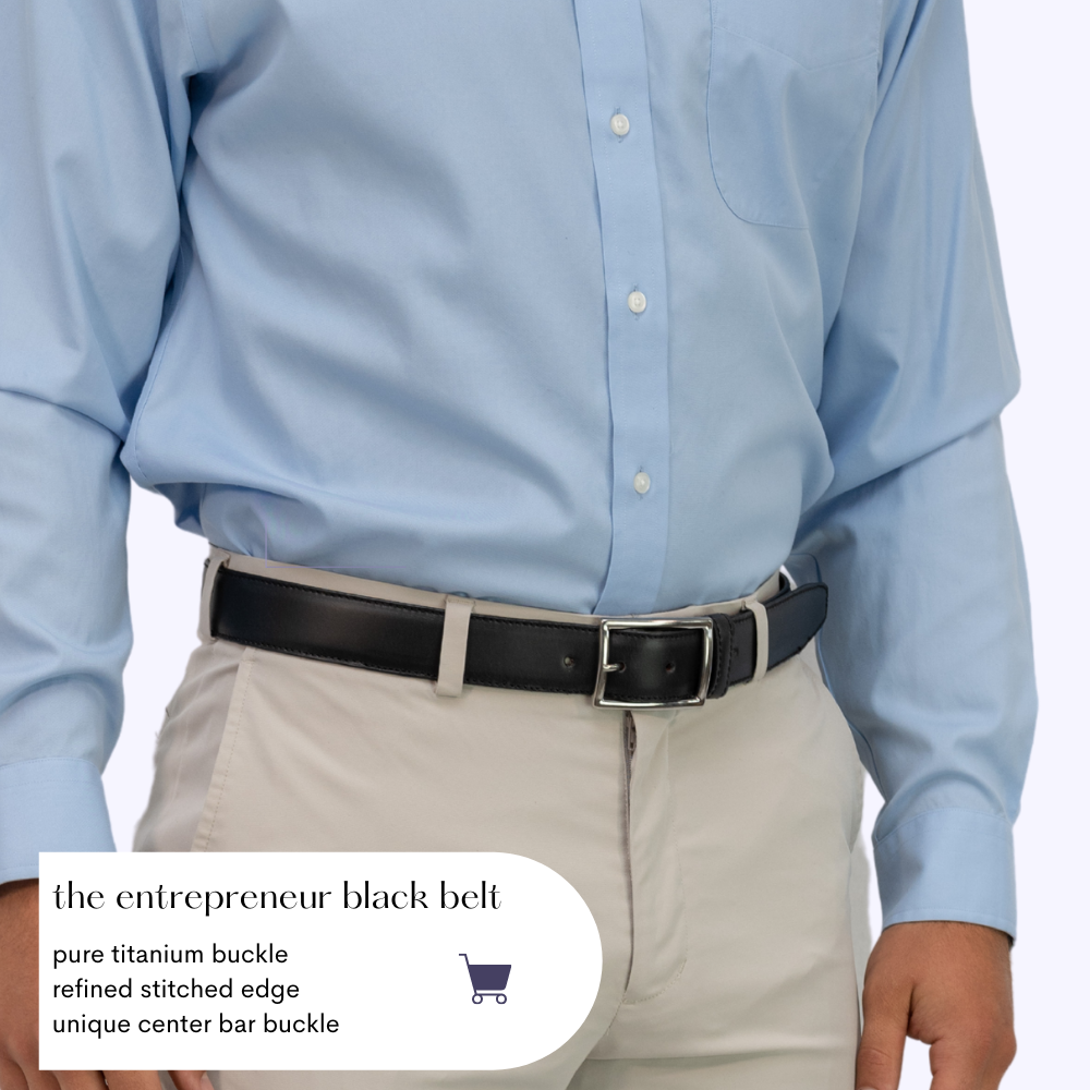 The Entrepreneur Black Belt: Pure titanium buckle; refined stitched edges; unique center bar buckle.