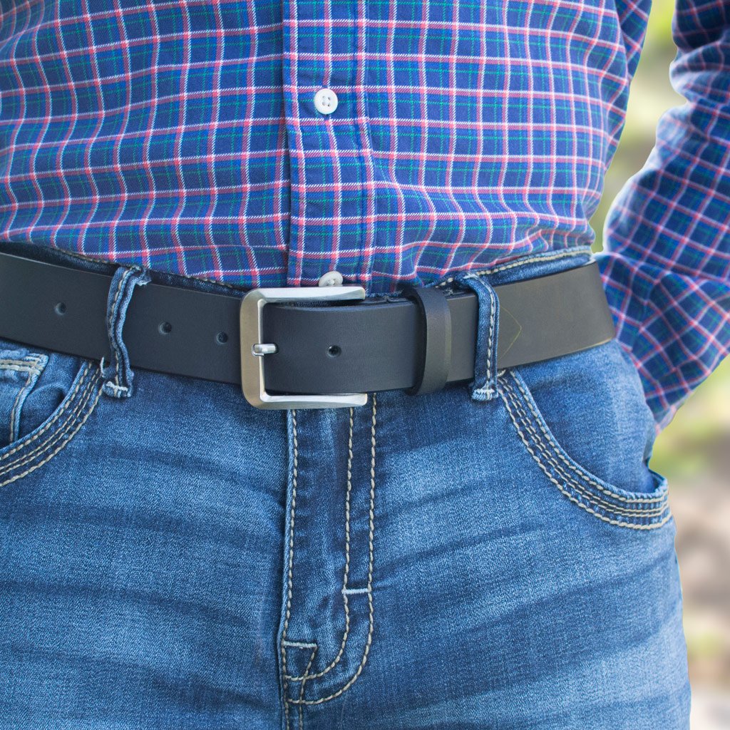 Smoky Mountain Titanium Black Belt by Nickel Smart® on a model in jeans