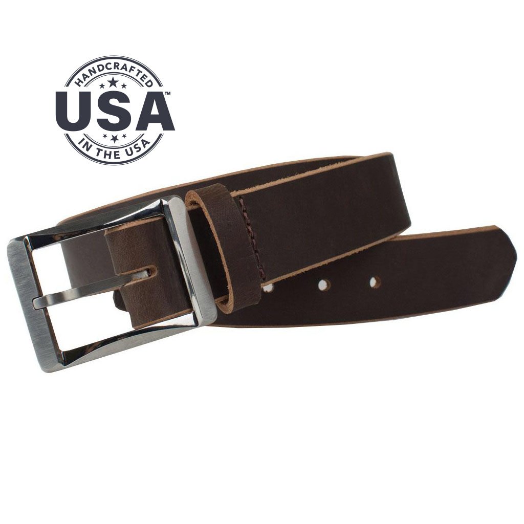 Titanium Work Belt II (Brown). Handcrafted in the USA. Rectangular buckle is stitched to strap.