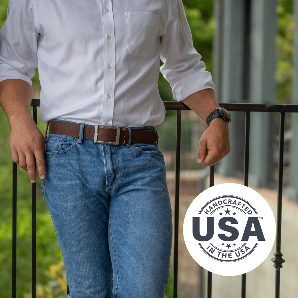 Titanium Work Belt II (Brown) on model in jeans. Handcrafted in the USA. 1.5 inch wide belt strap.