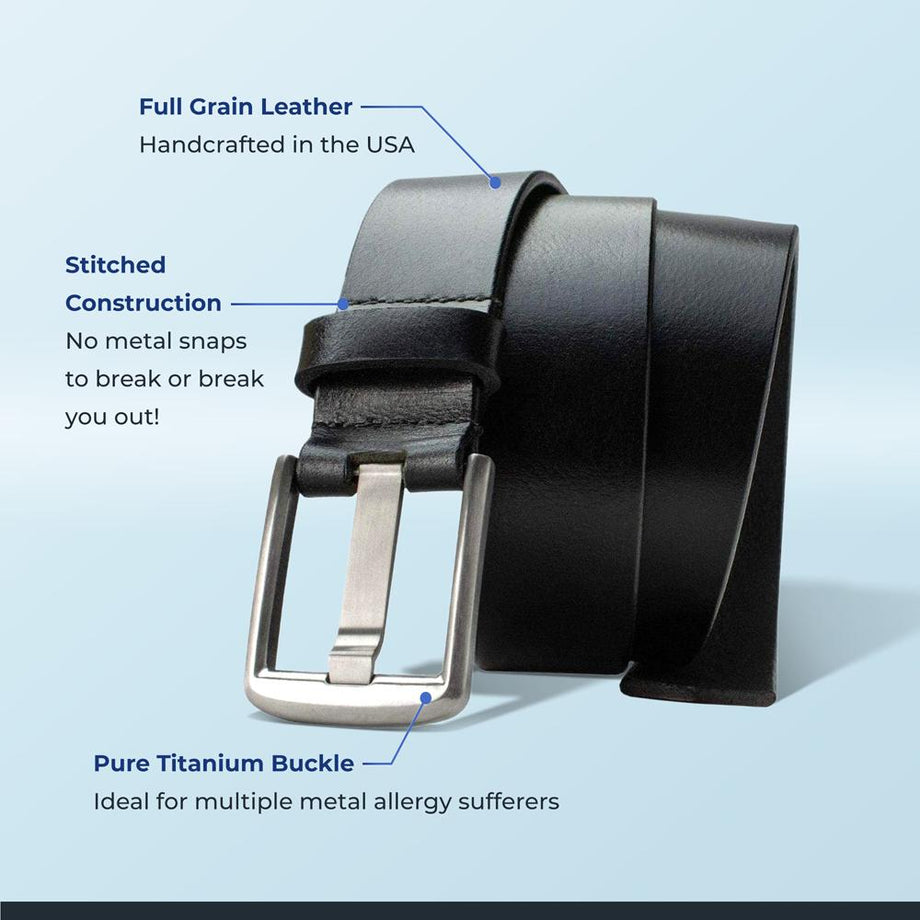 Titanium Wide Pin Black Leather Belt by Nickel Smart Work Belt