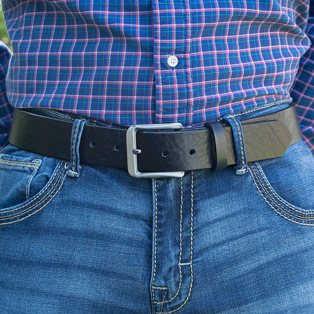 New River Black Belt on a model. Casual belt great for wear with jeans. Gently rippled texture. 