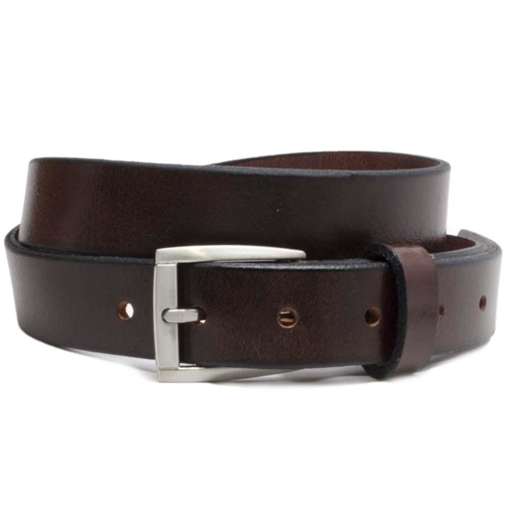 Image of Brown Leather Belt with silver nickel free buckle.  Buckle is rectangular and hypoallergenic. Made in USA