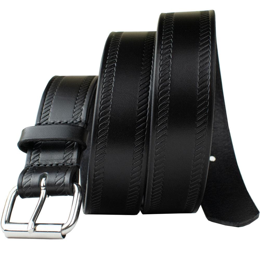 Black Rope Belt by Nickel Smart. Stainless steel buckle, glossy black strap, embossed rope pattern