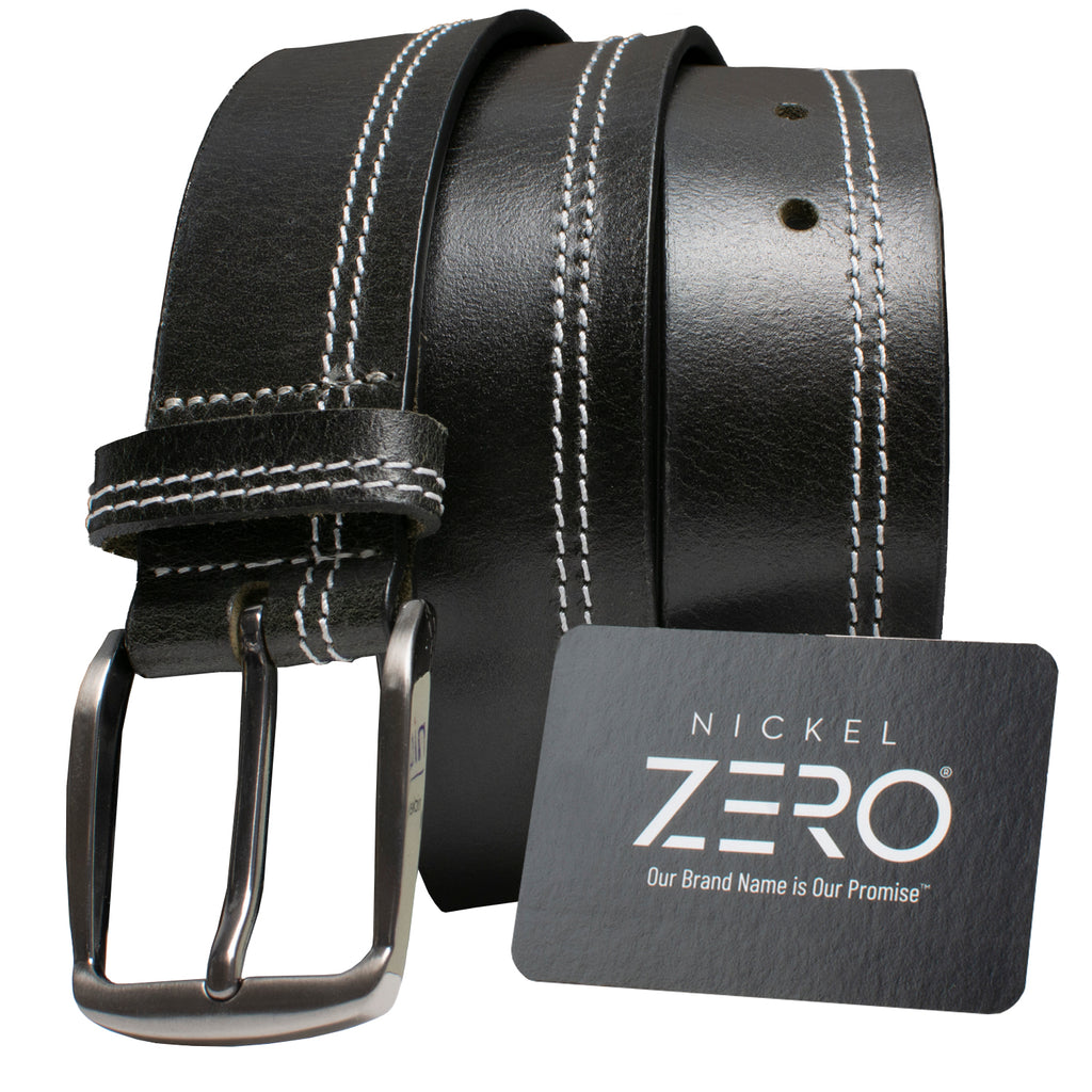 Millennial Black Leather Belt (Stitched). Nickel Zero hang tag - our brand name is our promise.