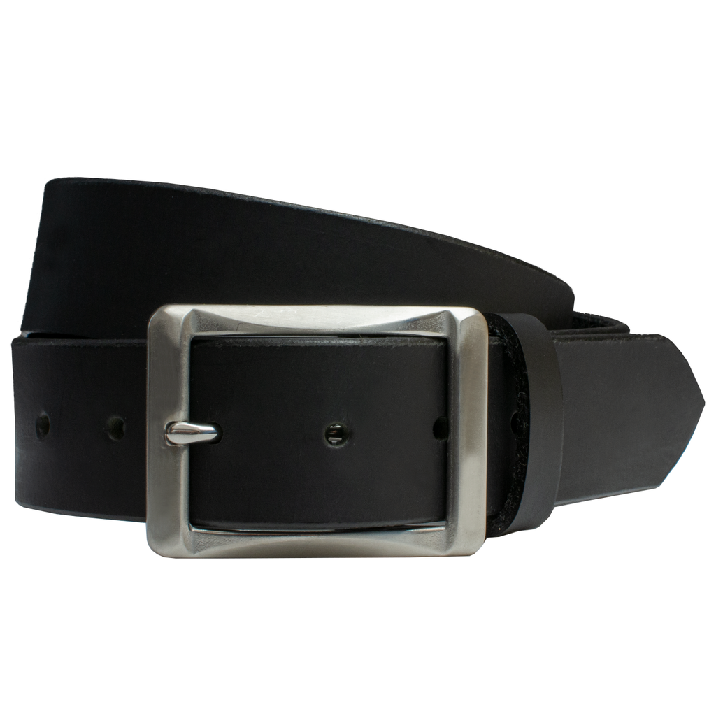 Silver colored stainless steel rectangular center bar buckle with 1.5 inch full grain leather strap.