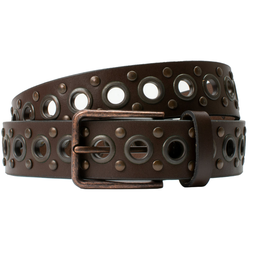 Nickel Free Antiqued Buckle with brown full grain leather.  Strap has antiqued studs and grommets.  Buckle is rectangular shaped