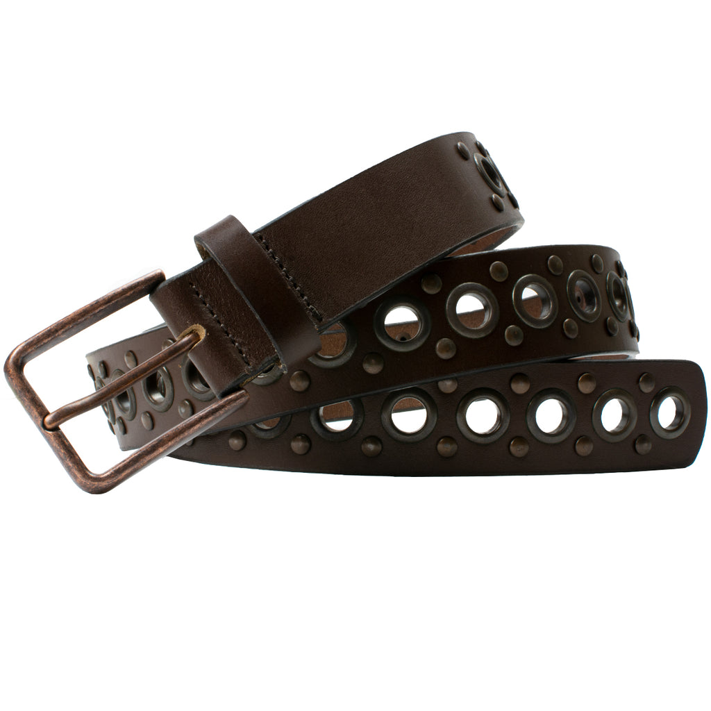 brown leather belt with antique grommets, studs and buckle.  Full Grain leather.  All hardware is nickel free