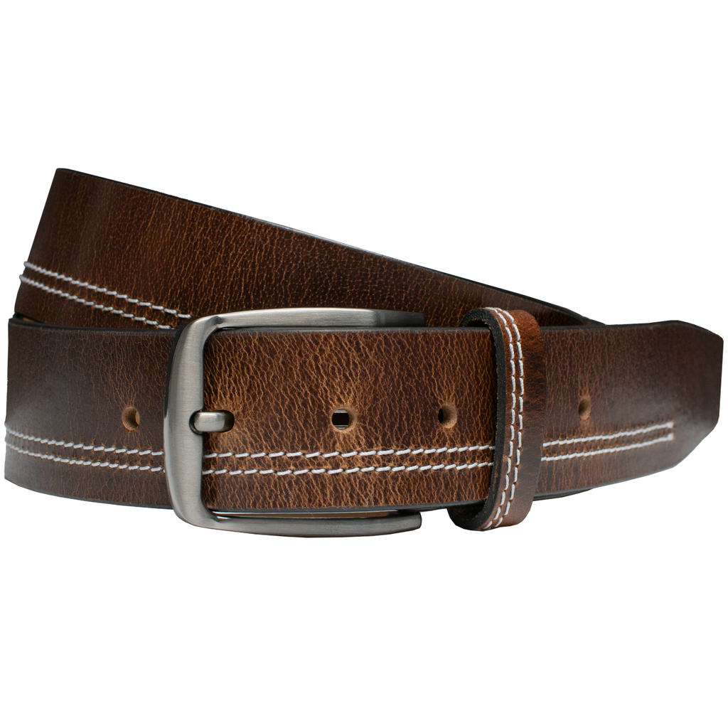 Millennial Brown Leather Belt (Stitched) | Double white stitching runs the middle of leather strap