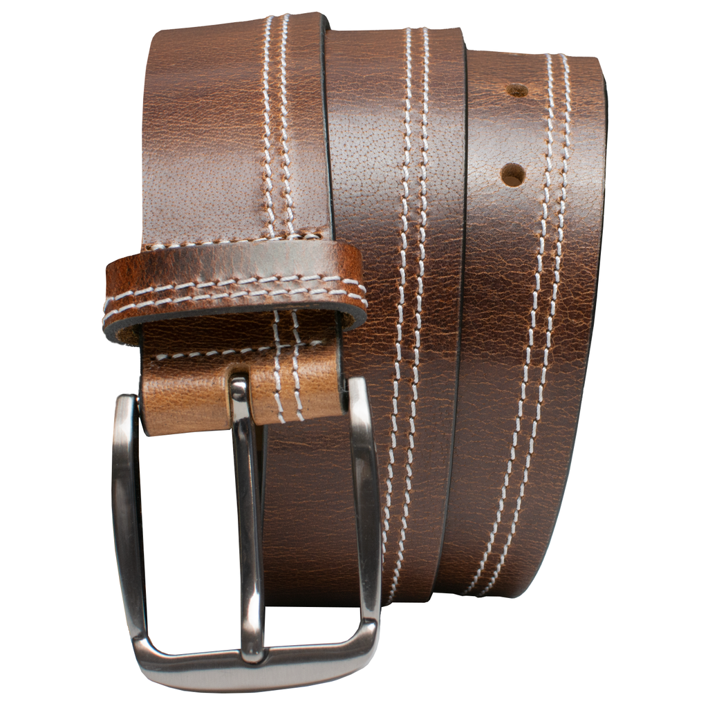 Millennial Brown Leather Belt (Stitched) by Nickel Zero, brown leather belt, white accent stitching