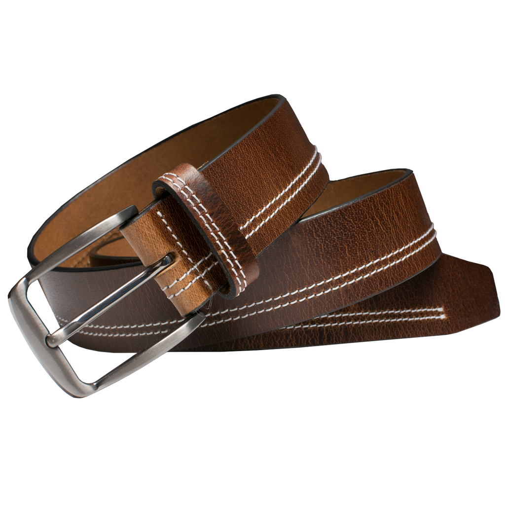 Millennial Brown Leather Belt (Stitched) | casual brown belt with sleek silver-tone buckle