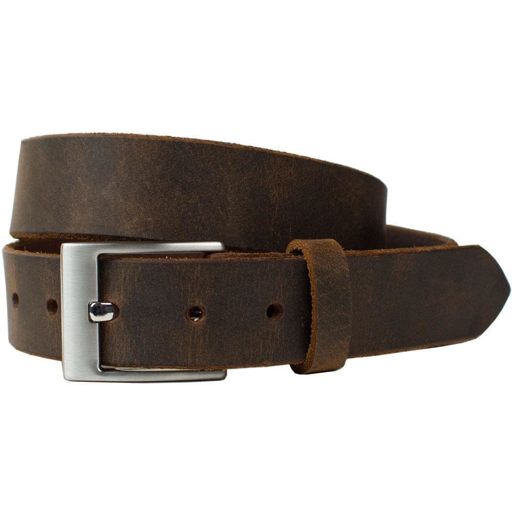 Caraway Mountain Distressed Brown Leather Belt. Squared zinc alloy buckle, soft brown strap.