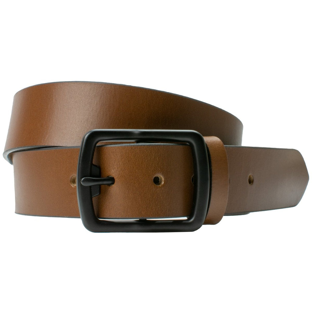Front picture of Cold Mountain Brown Leather Belt. Black nickel free buckle sewn to tawny brown full grain leather strap. 1.5 inches wide. Hypoallergenic