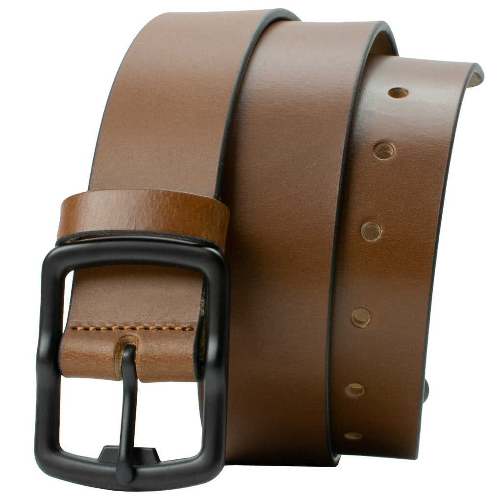 Image of Cold Mountain Brown Belt. Tawny Brown Full Grain Leather with Black Bottle Opener Buckle. Nickel Free Buckle