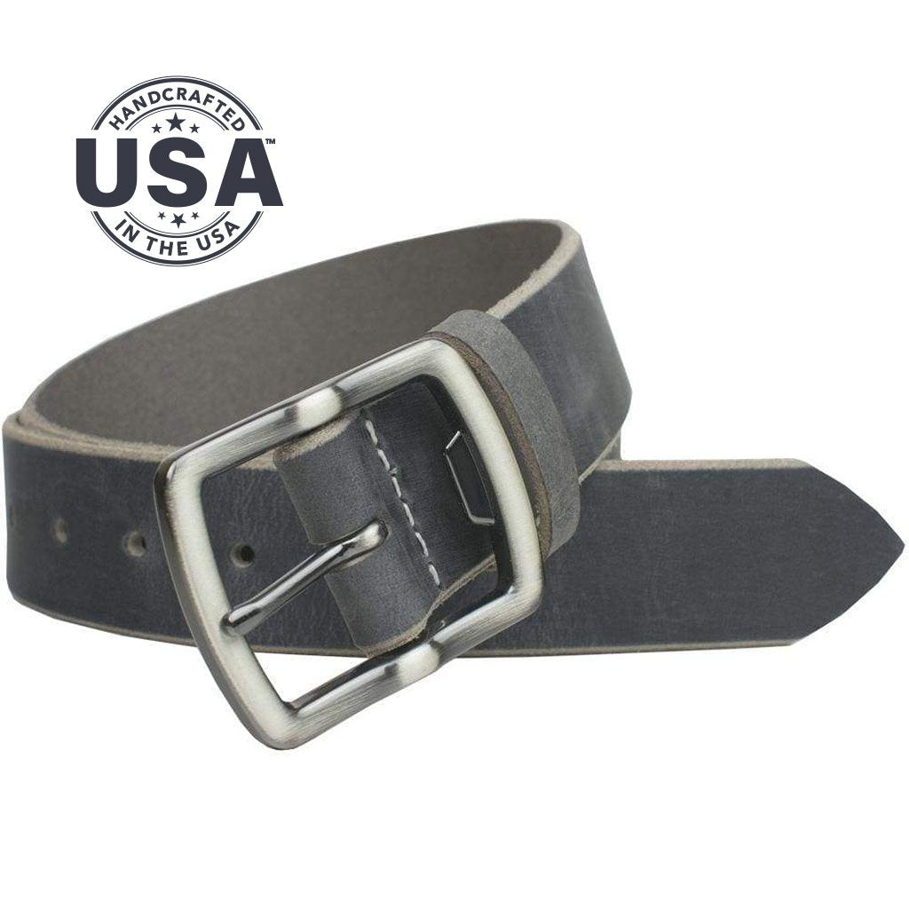 Cold Mountain Distressed Leather Belt (Gray). Handcrafted in the USA. White stitching; raw edges.