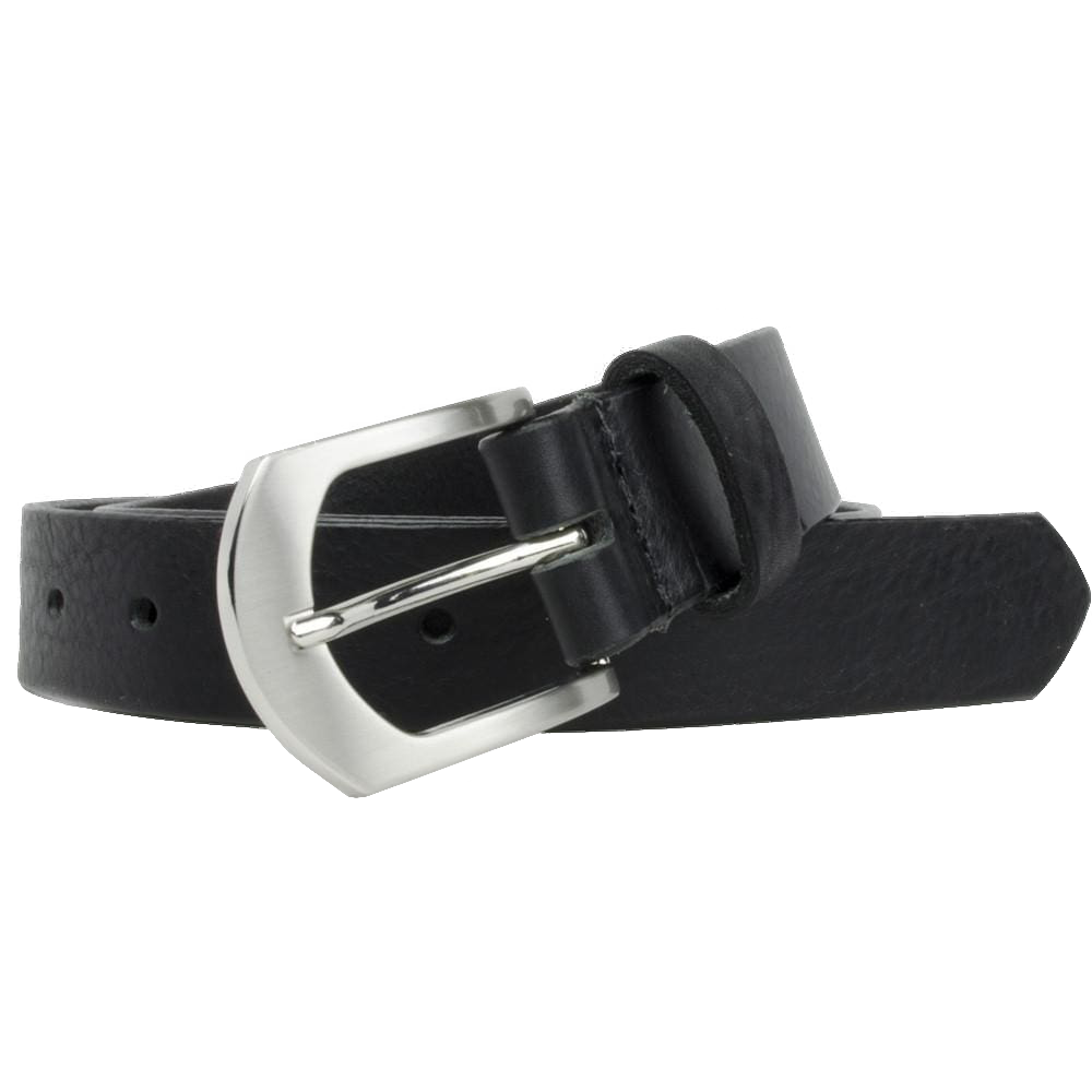 Deep River Black Belt by Nickel Smart. Arched silver-tone buckle on sleek black leather strap.