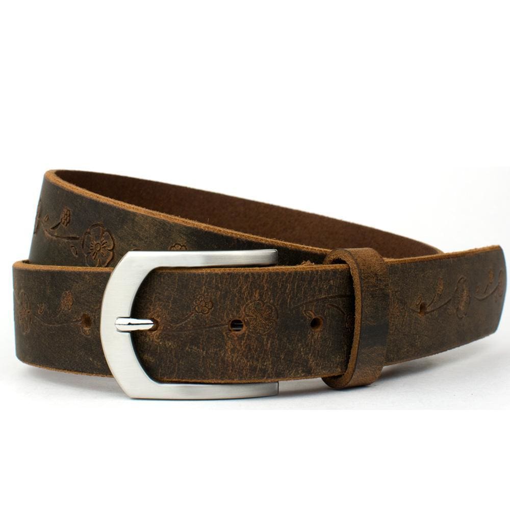 picture of silver nickel free buckle on a brown distressed leather belt strap. Handcrafted in USA.  Full Grain Leather.  Hypoallergenic