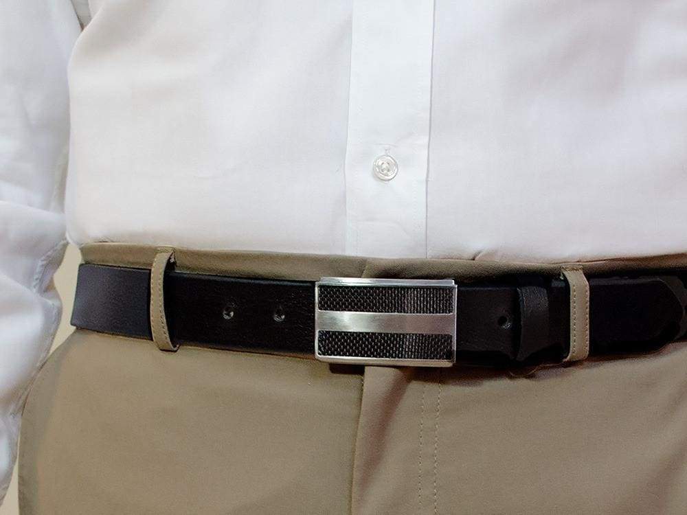 Genuine Leather Belt with Titanium/Carbon Fiber Buckle by Nickel Smart® on a model in khakis