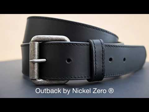 Outback Belt by Nickel Zero - nickelfreebelts.com, video showing a black genuine leather belt with a rustic silver buckle