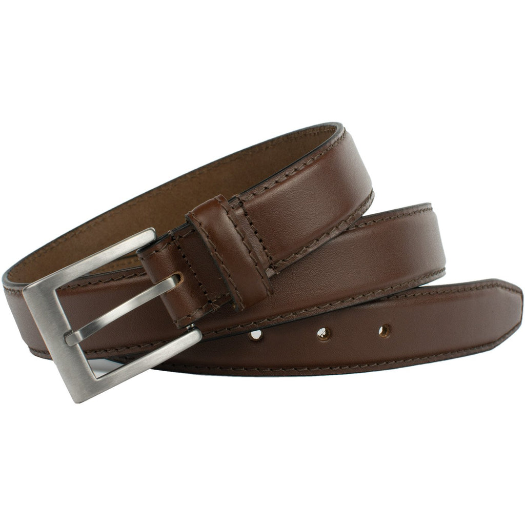 Silver Square Brown Titanium Belt by Nickel Smart, dress belt, Full Grain Brown Leather with hypoallergenic buckle. Nickel Free Belt.