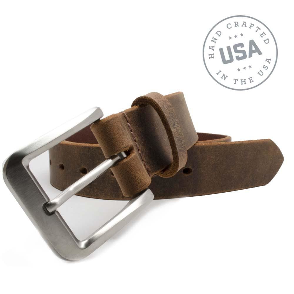 Mt. Pisgah Titanium Distressed Leather Brown Belt by Nickel Smart® | handcrafted in the USA