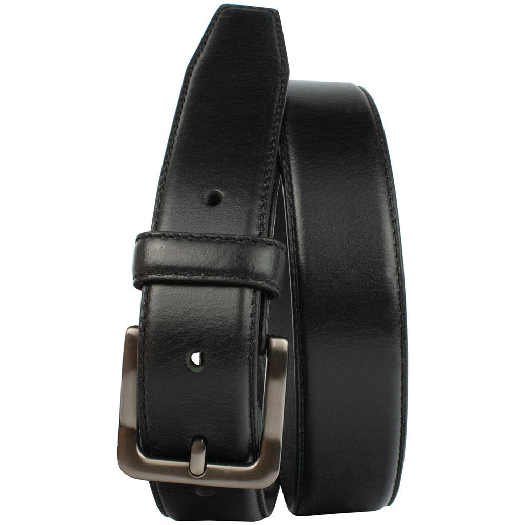 Metro Black Belt. Nickel free buckle is square with rounded corners; single prong; dark gray color.