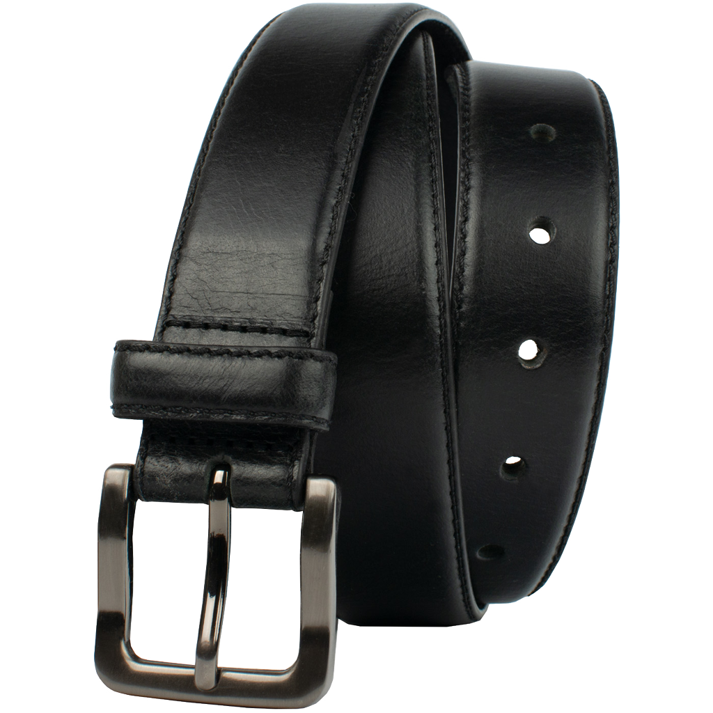 Metro Black Belt by Nickel Zero. Natural-tone zinc alloy buckle; sleek black strap. Single-stitch.