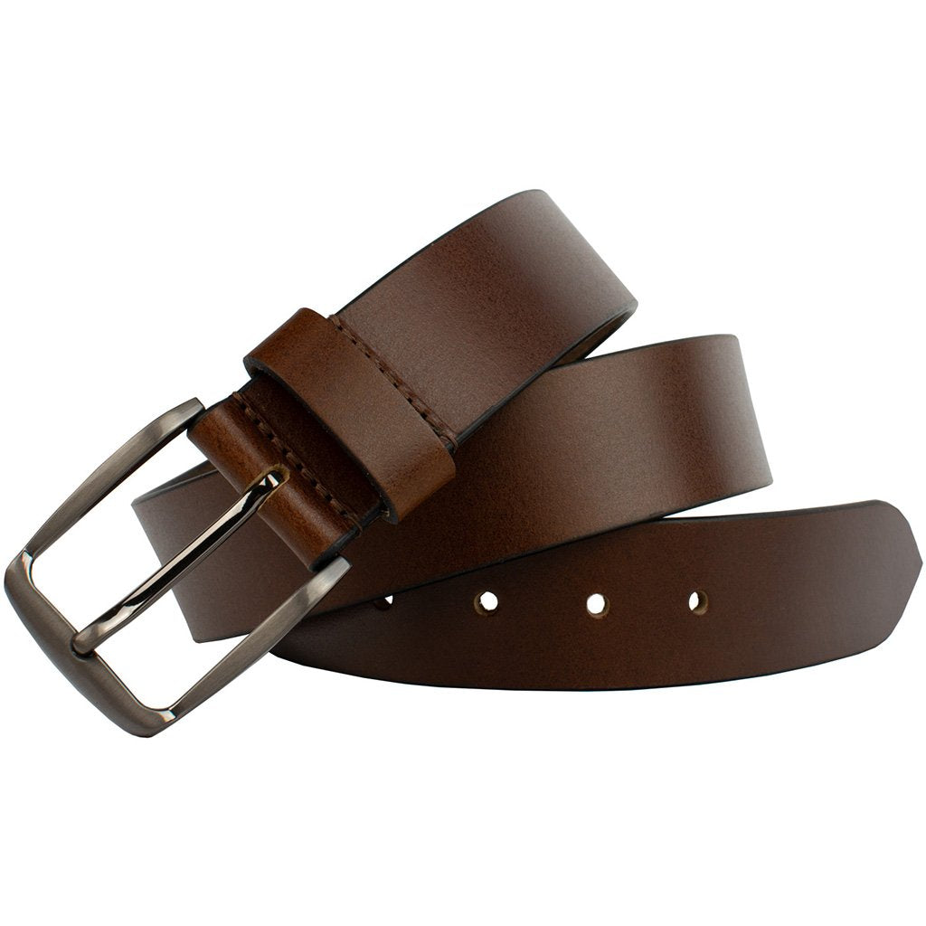 Brown leather strap with silver nickel free buckle.  Slender rectangular buckle