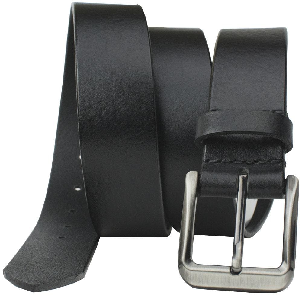New River Black Belt, Nickel Smart. Casual gunmetal gray buckle, solid black leather strap, 1.5 inch