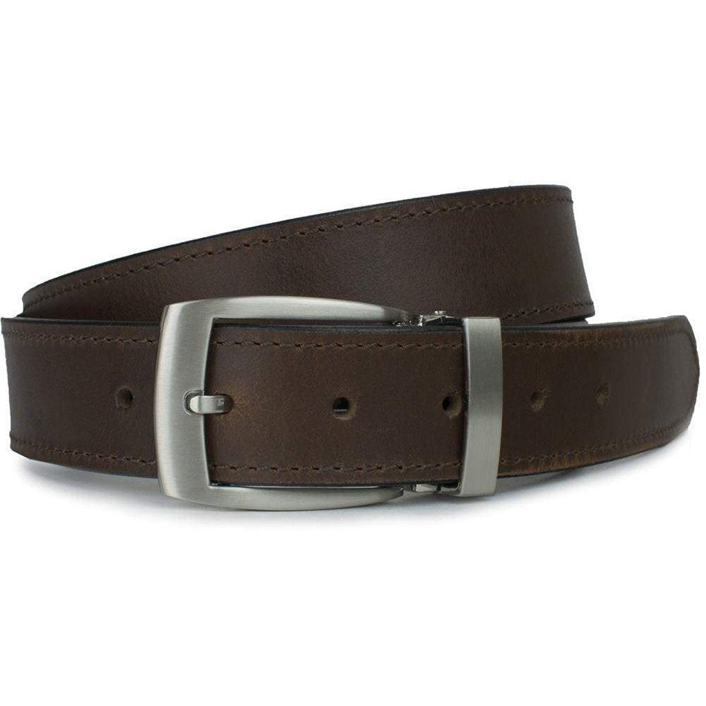 Elk Knob Brown Belt. Brown solid leather strap with decorative single stitch along edges.