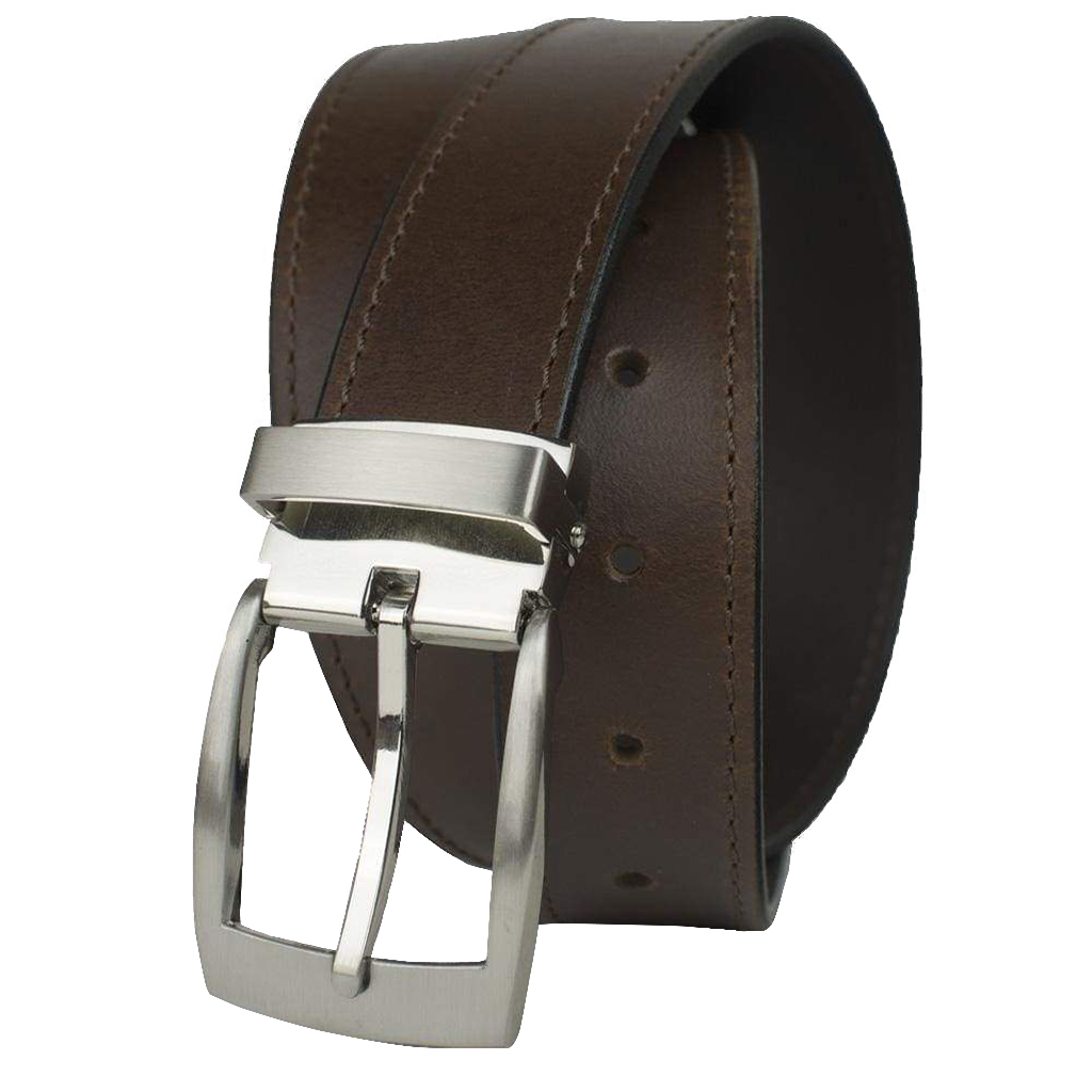 Elk Knob Brown Belt by Nickel Smart. Silver-tone buckle; dark brown strap with black edges.