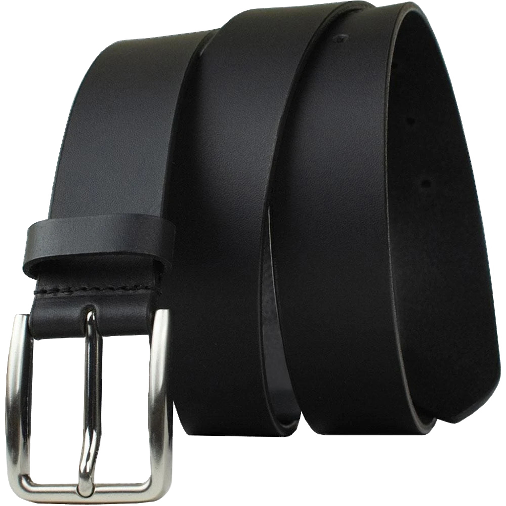 Slick City Black Leather Belt by Nickel Zero. Sleek black leather strap with a silver buckle.