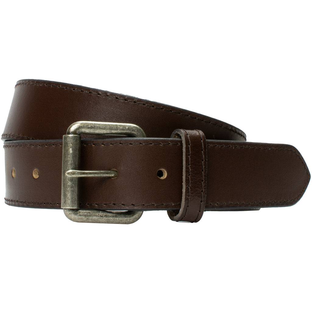 Front image of Outback Brown Leather Belt with silver buckle with Brown side stitching. Full grain leather.  Nickel Free and hypoallergenic belt buckle