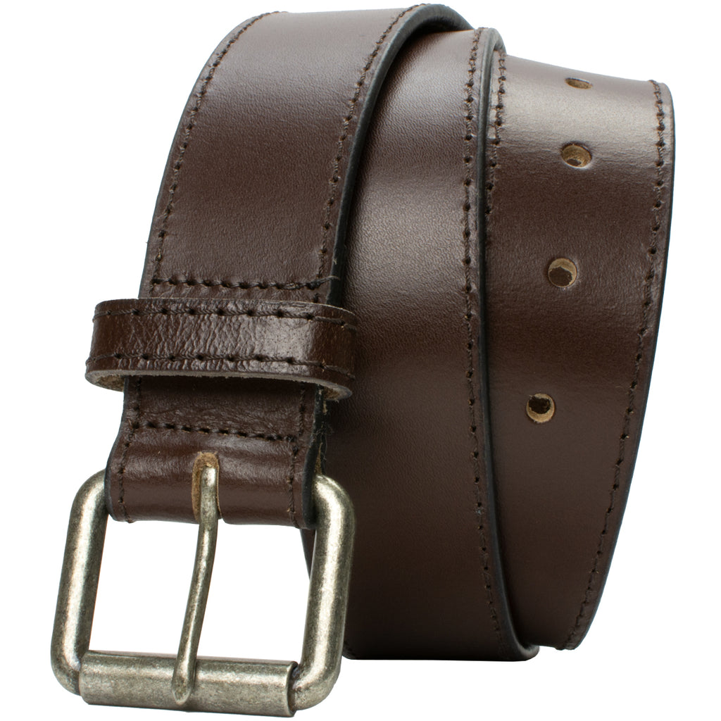 Image of Brown Leather Belt with rectangular roller buckle. Silver Nickel Free Buckle | Brown Side stitching | Outback Brown Leather Belt