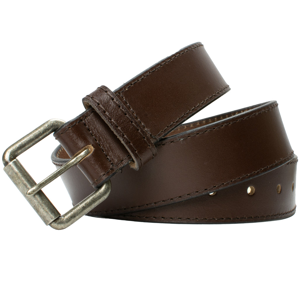 Image of brown leather belt with silver roller buckle and brown side stitching. Nickel free and hypoallergenic buckle. Outback Brown Leather Belt